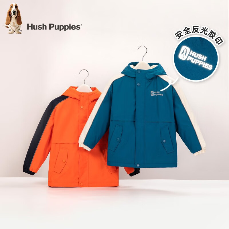暇步士(Hush Puppies)童装儿童外套冬季新款男大童时尚连帽加绒厚风衣外套 钻石黑 140cm