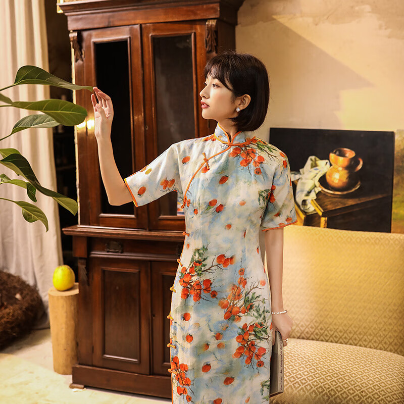 年全开襟复古女年轻款日常苎麻改良文艺旗袍裙春季芳茉语 柿柿如意 s