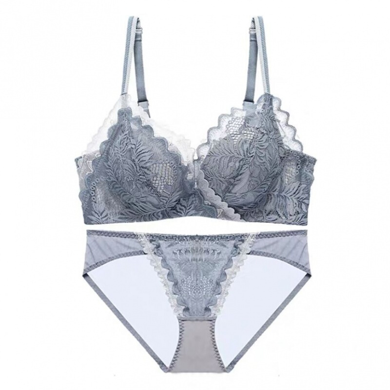 萱丝芙（Xuansifu）品牌内衣女性感文胸套装小胸聚拢调整型收副乳防下垂无钢圈胸罩女 墨灰色-套装 75B /34