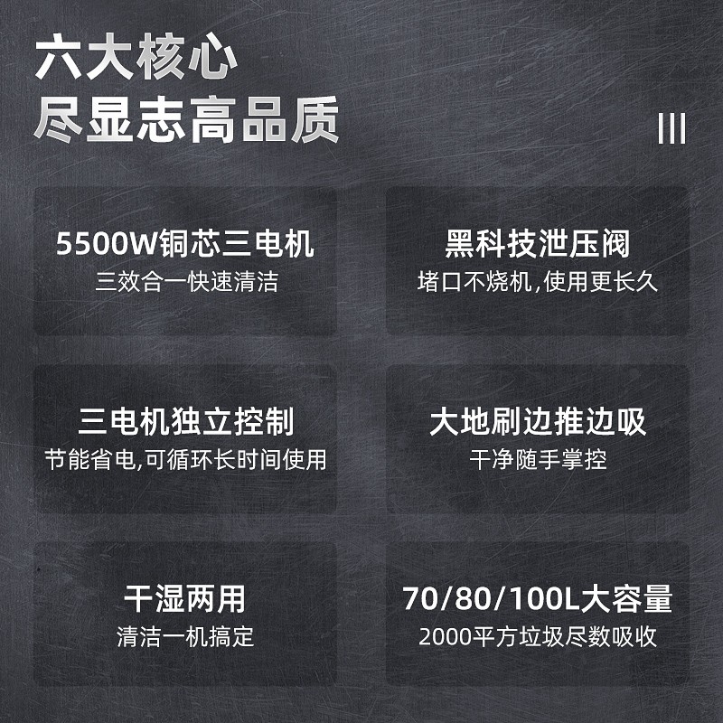 志高5500W工业吸尘器大功率大吸力工地仓库粉尘工厂车间强力除尘吸尘机ZG-X803T 精工系列70L豪华款(5500W)手持吸尘吸水