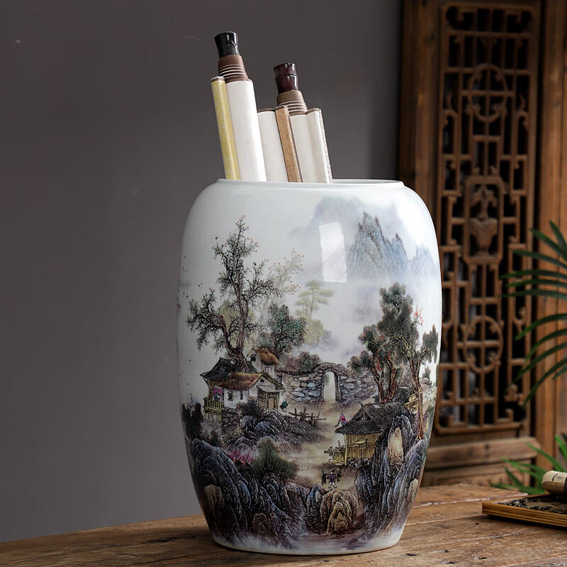 景德镇陶瓷书画筒字画卷轴收纳缸桶书房客厅装饰花瓶瓷器摆件画缸
