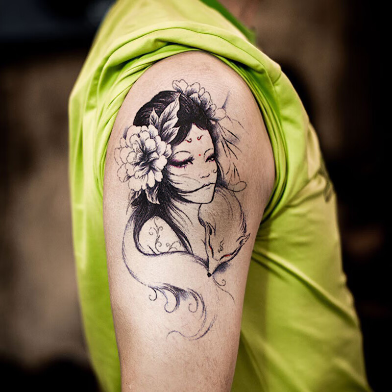 哦嘻啦网红天狐艺伎黑暗系狐狸纹身贴日式花臂女ins风胸前图案防水男