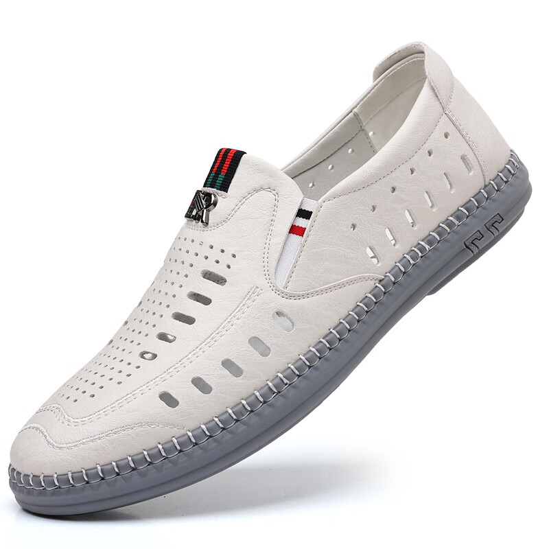 camel)高档男鞋夏季软面软底镂空单鞋透气中老年商务休闲白色皮凉鞋