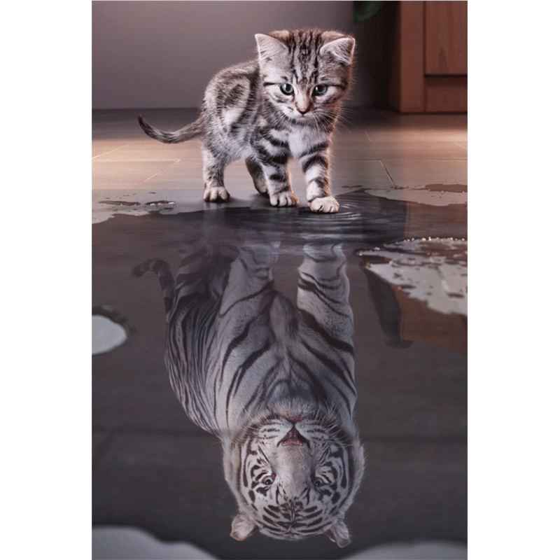 木制玩具动物客厅玄关装饰画麋鹿大象狗狗猫咪 猫虎倒影竖版(配图纸)