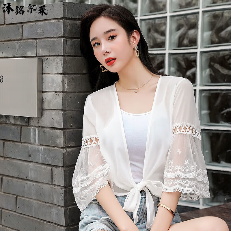 沐銘爾萊配吊帶衣服的披肩配吊帶裙子雪紡衫小披肩薄款短外套開衫防曬上衣女夏季外搭空調衫 【網紗袖雪紡披肩】白色 小碼【80-105斤】