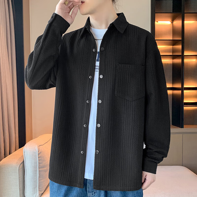 卡柏奇新款外套衬衫男士秋冬提花学生夹克上衣工装长袖衬衣男 黑色 M