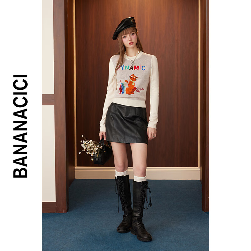 banana cici2024年秋季新款原创BC猫咪系列提花长袖套头针织衫C243MY112 白色 XL