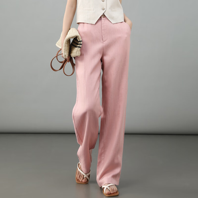 凌丹娜樱花粉亚麻阔腿裤女夏季薄款垂感天丝女裤宽松休闲直筒裤冰丝长裤 卡色 33码
