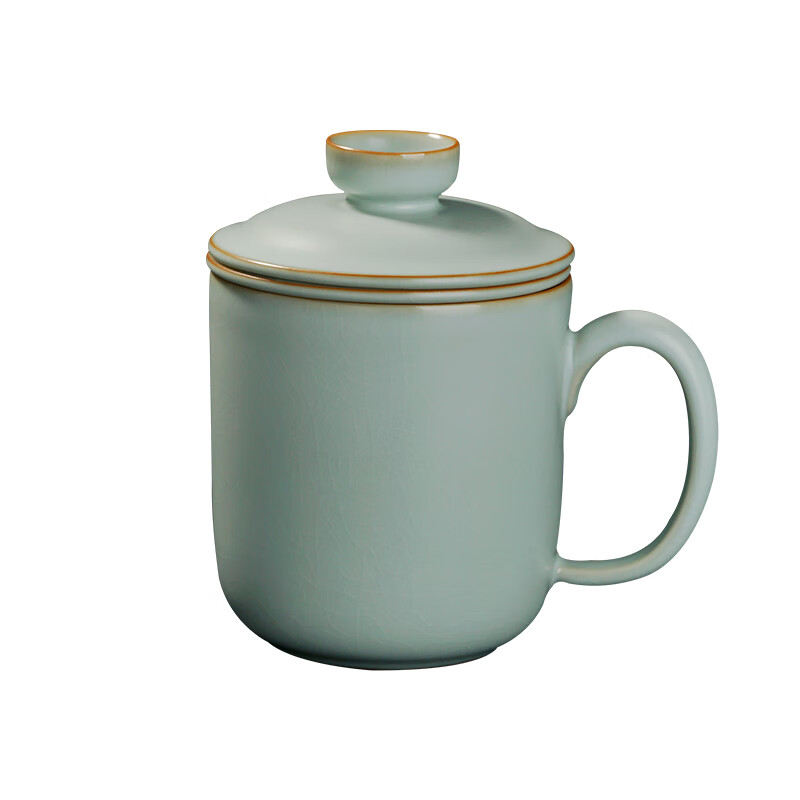 青澹汝窑办公茶杯茶水分离会议杯陶瓷杯茶杯景德镇纯手工无奇杯 无奇杯-350ml 天青色