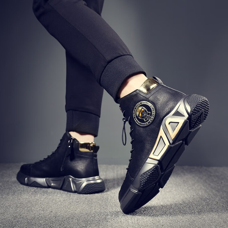 lvbingo真皮冬季大码男鞋马丁靴男高帮鞋男士休闲工装加绒棉百搭时尚