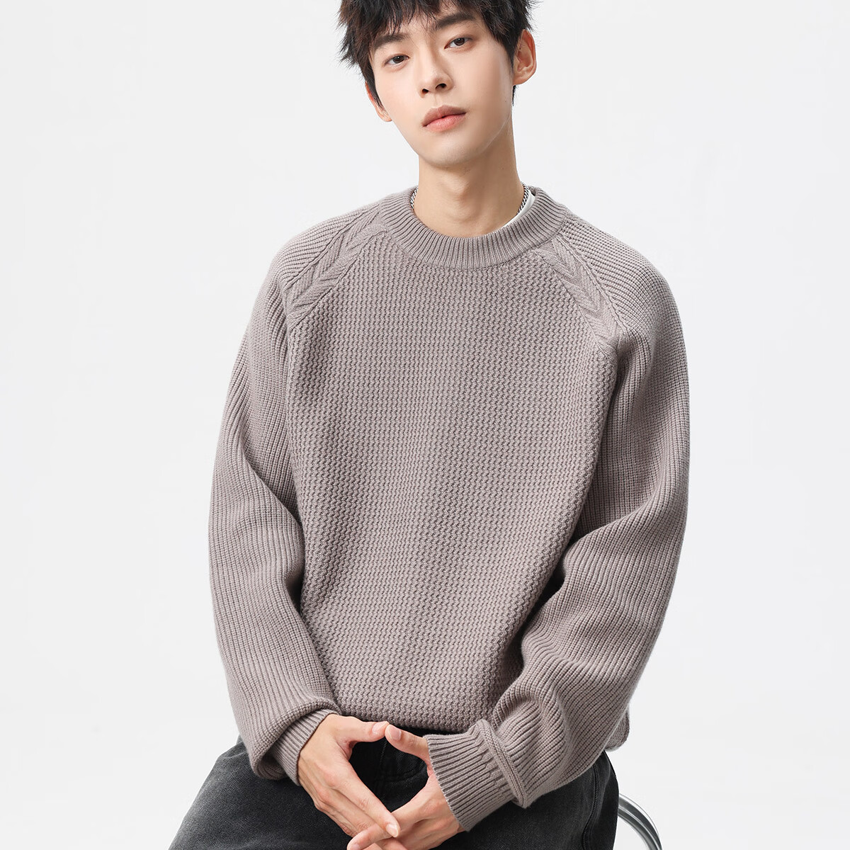 布衣传说 慵懒网波绞花 秋冬款粗针毛衣男士宽松针织衫毛线衣服潮 花灰 XL