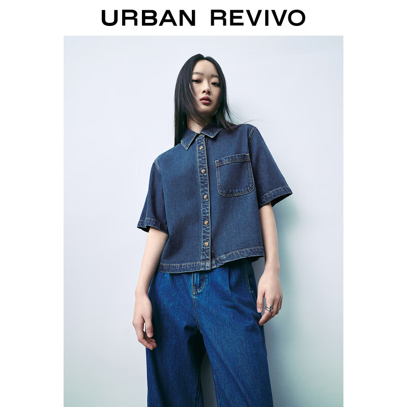 UR2024夏季新款女都市休闲复古时髦纽扣短款牛仔衬衫UWU840041 蓝色 S