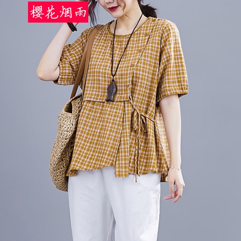 樱花烟雨文艺棉麻格子t恤女短袖宽松圆领不规则套头上衣夏装新品原创