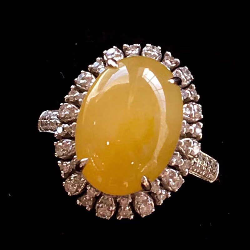 玉佳佳  翡翠冰黄翡鸽子蛋戒指 18k金镶钻珠宝缅甸翡翠首饰女款送礼