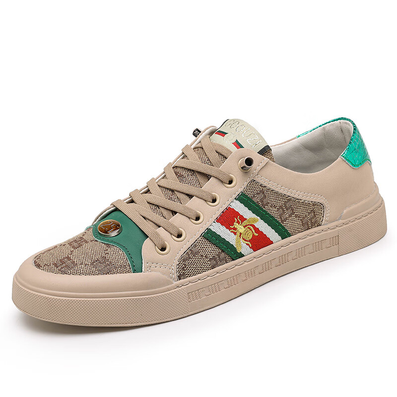 酷奇夏季款真皮脏脏鞋男鞋子休闲小蜜蜂欧洲站潮牌板鞋 卡其 36