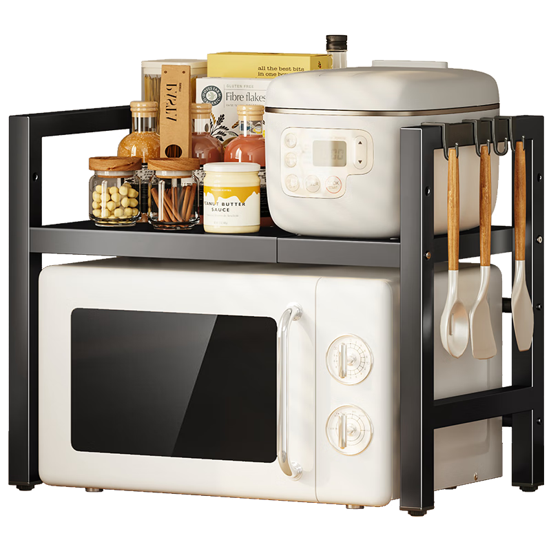 溢彩年華廚房置物架可伸縮微波爐架烤箱架臺(tái)面收納架子雙層黑色7230-BK