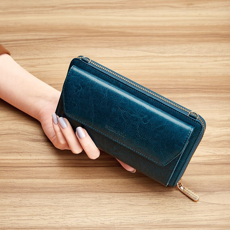 williampolo钱包女长款油蜡头层牛皮卡包多功能复古大屏手机手包