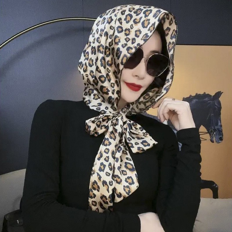 尊題絲巾女紗巾緞面絲巾帽包頭帽多功能遮陽防曬頭巾帽圍巾絲巾披肩潮 原色豹紋 均碼