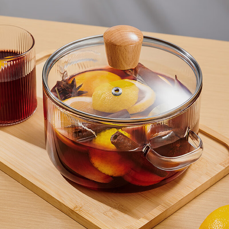 【精选】奶锅家用双耳高硼硅玻璃汤锅透明可明火电陶炉加热耐高温 木纹顶盖小汤锅(1个装) 14cm