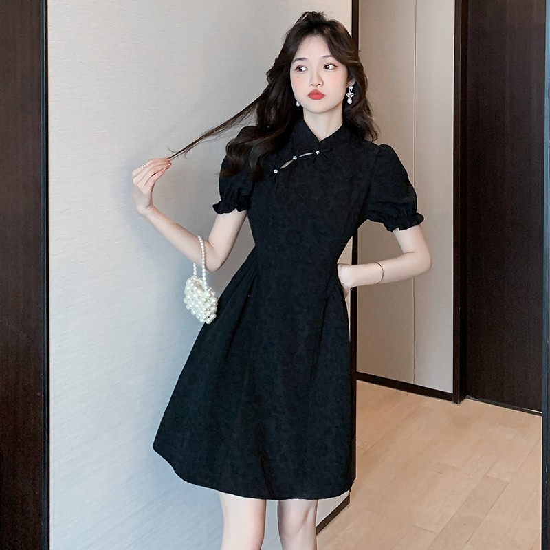 格玫黛（GEMEIDAI）2022夏季新款中国风改良复古旗袍小众泡泡袖典雅气质连衣裙女 黑色 XL