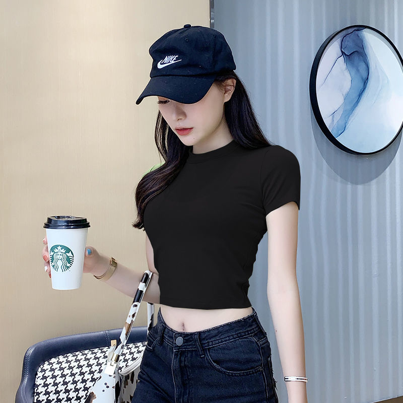 瑾衣媛半高领夏季网红火小心机修身t恤新款紧身高腰露脐上衣ins风