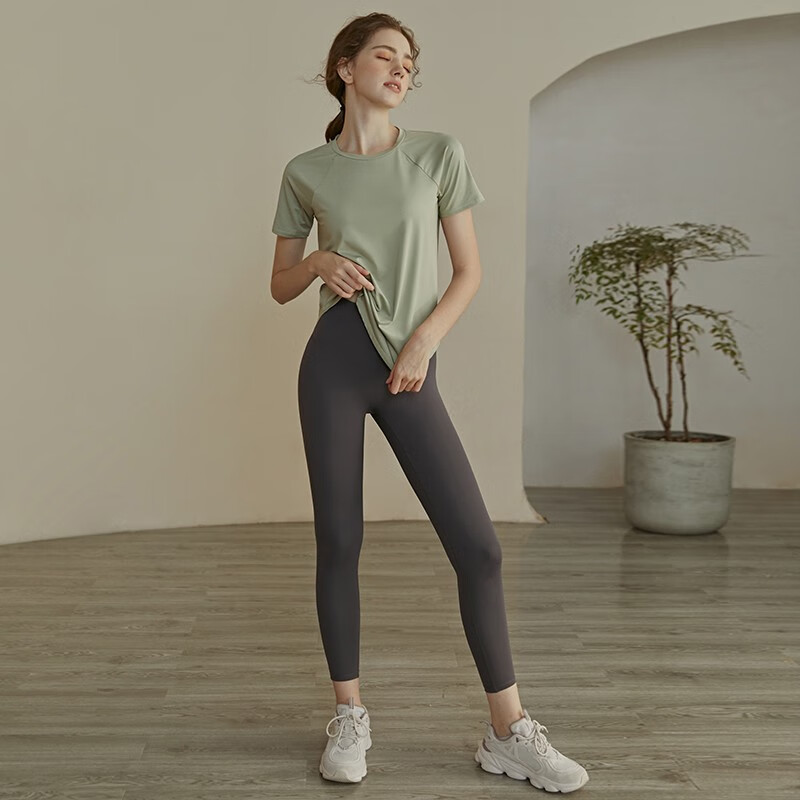 瑜伽服女夏薄款短袖健身上衣跑步速干运动T恤宽松罩衫 绿色上衣+黑色长裤 L