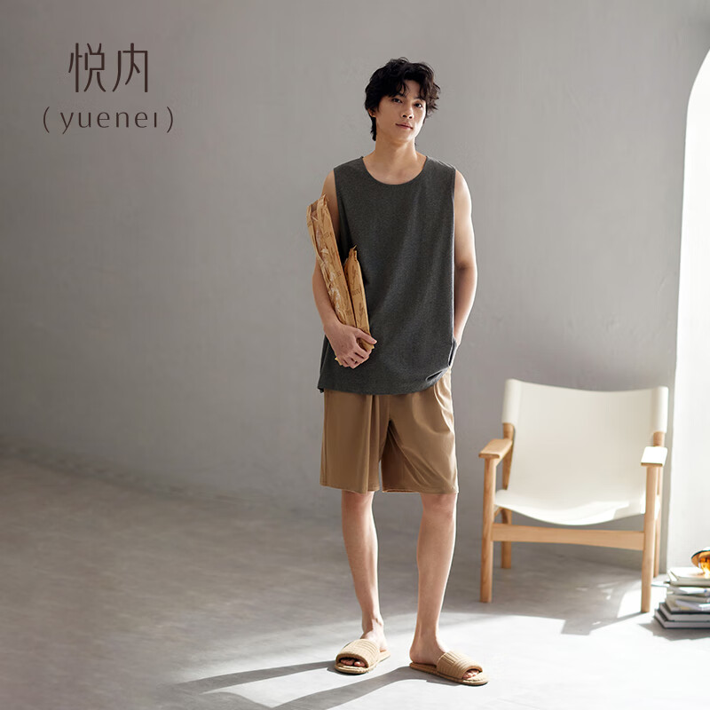 悦内睡衣男款夏季纯棉质无袖背心短裤家居服夏款大码宽松休闲薄款套装 33056深灰色 2XL (180) 【体重160-180斤】