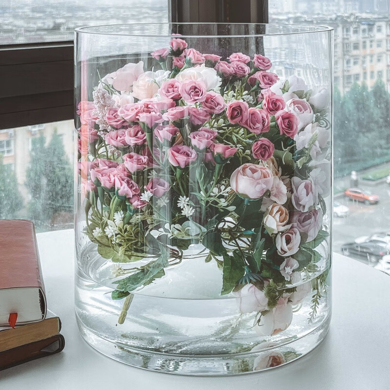 兰圣佳宽口花瓶玻璃透明大口径大号阔口广口敞口醒花桶特大号大型 口径25高30cm
