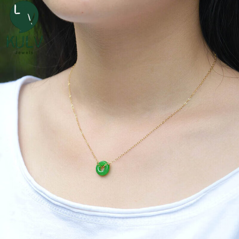 KULV喜乐翡翠平安扣玉石18k包金耳环耳钉耳坠耳钩感耳饰女 平安项链