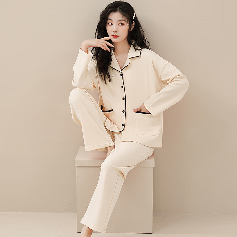 猫人仿棉舒适 春秋新款 长袖开衫 翻领套装 纯色女士加大码 家居服 奶油杏 M --建议【90-100】斤