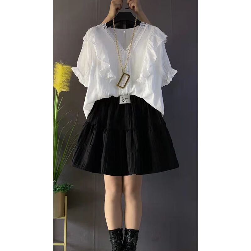 套装2023季新款v领甜美小衫减 白色 两件套 2xl 建议体重110斤-130斤