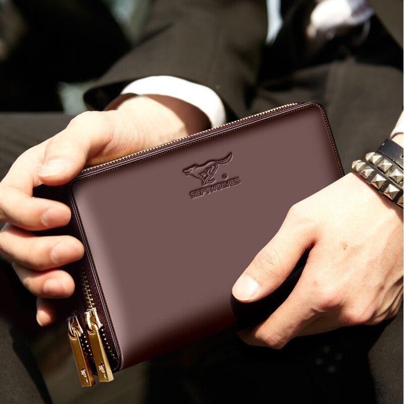 七匹狼手拿包男真皮男包双拉链大容量钱包大牌手包男士潮皮包父亲节礼物 咖色加大号