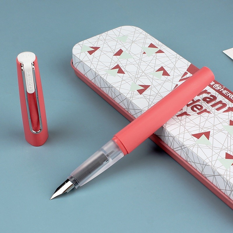 英雄（HERO）钢笔 H1219铱金笔铁盒装追风者系列 浅红白夹 学习用品墨囊两用书法练字硬笔