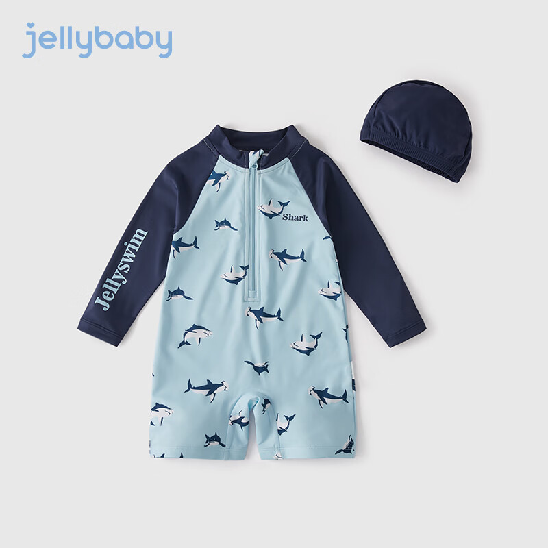 JELLYBABY儿童时髦撞色泳装夏宝宝鲨鱼长袖游泳衣夏男童泳衣连体 蓝色 140cm