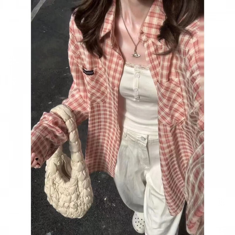 雷黛茜森系森系复古ns橘色格纹衬衫女年轻叠穿宽松休闲遮肉显瘦衬衣通勤 【B10#橘色】100%优质 XXS