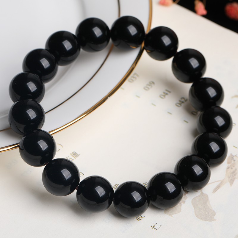石玥珠宝 乌金黑曜石手链12mm 情侣手链 男款配饰 黑曜石手串