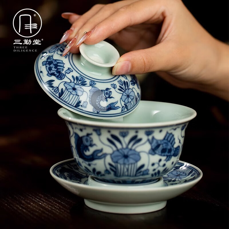 三勤堂陶瓷鱼藻纹釉下青花手工手绘三才盖碗套装杯泡茶器敬茶碗泡茶碗 手绘青花鱼藻纹6头-合格品