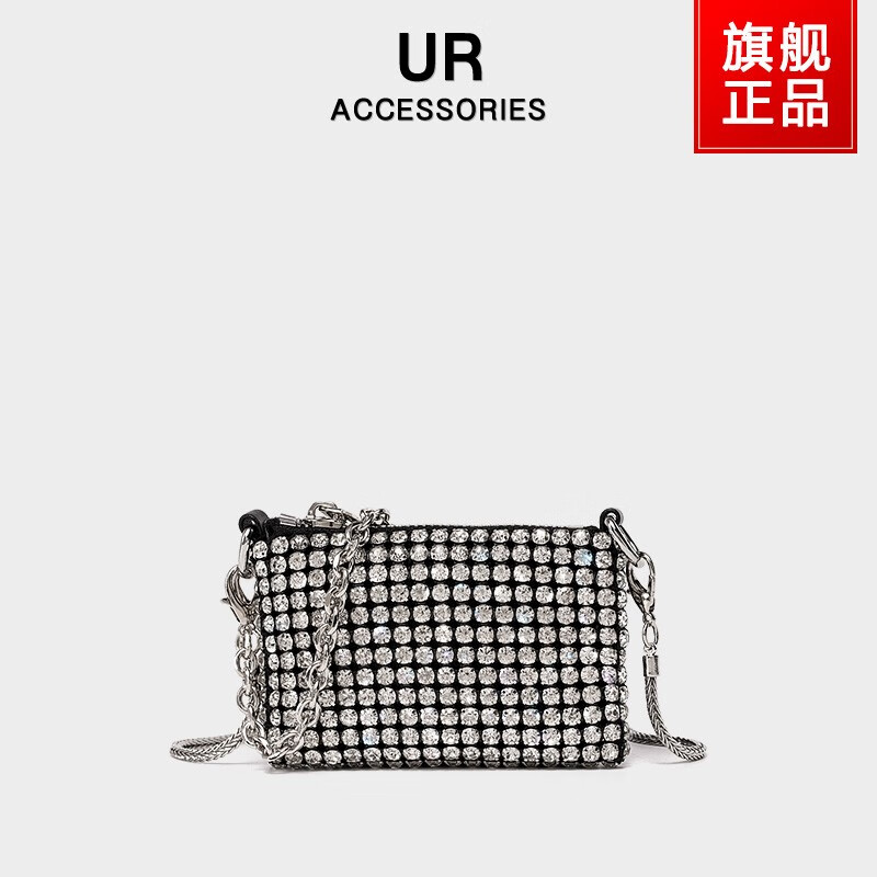 ur官方女包镶水钻链条手提小包包单肩满钻斜挎包亮晶晶生日礼物 黑色