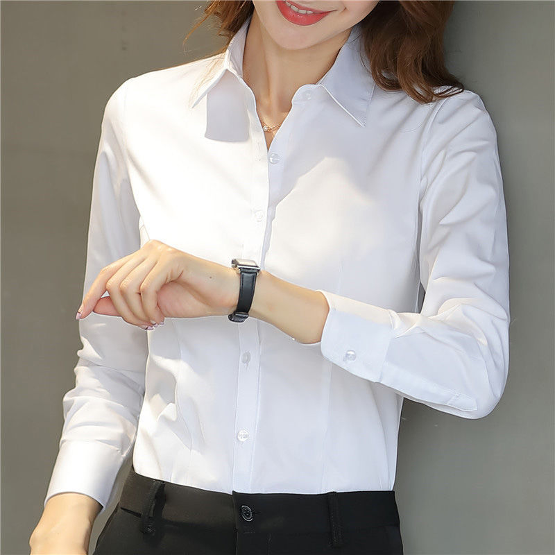 白色衬衫女长袖职业衬衫正装工作服工装修身显瘦外穿打底衬衣 纯白长袖 2XL（110-120）