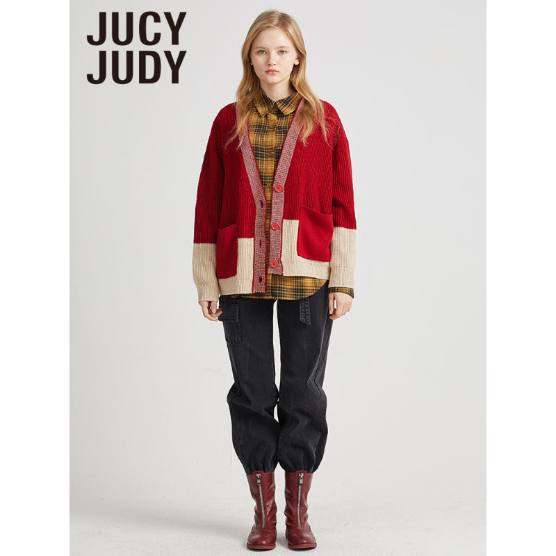 Jucy Judy2020年秋冬新款学院风针织开衫拼色设计短款毛衣女外套 红色 S
