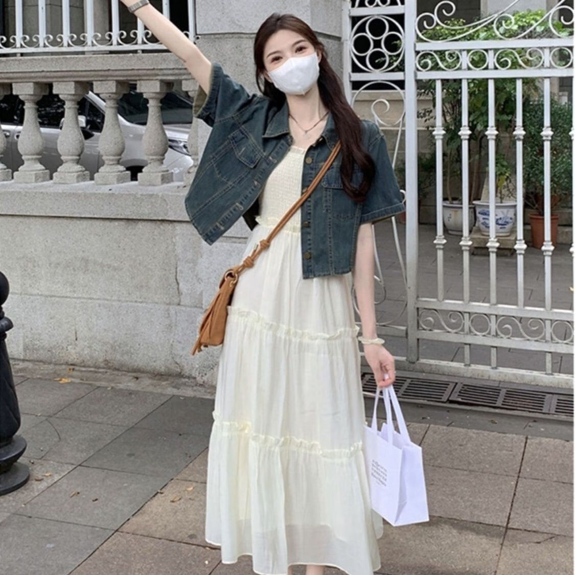 穿搭套装吊带裙两件套可盐可甜套装女装牛仔外套上 牛仔上衣十仙女裙