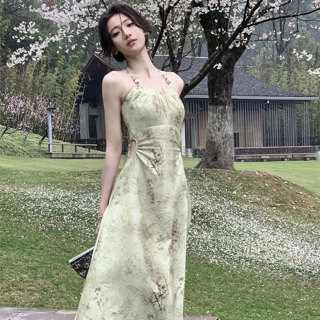 罗集(luoji)沙滩裙女海边度假长裙小个子新中式印花挂脖吊带连衣裙