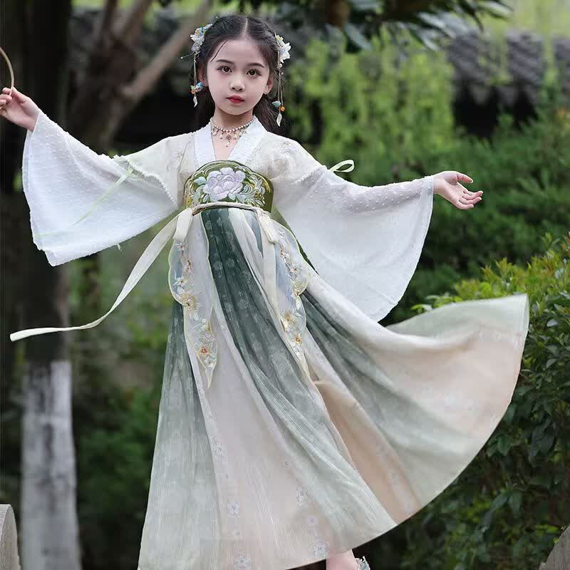 九虞氏女童汉服连衣裙襦裙儿童汉服童装夏季中国风中大童唐装公主裙 清合如故绿 170 (适合153-162cm)