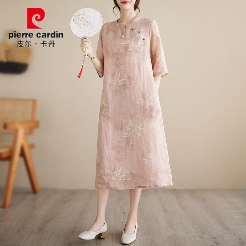 皮尔卡丹新中式复古棉麻连衣裙女夏季新款高端气质改良旗袍苎麻裙子 粉红色 XL