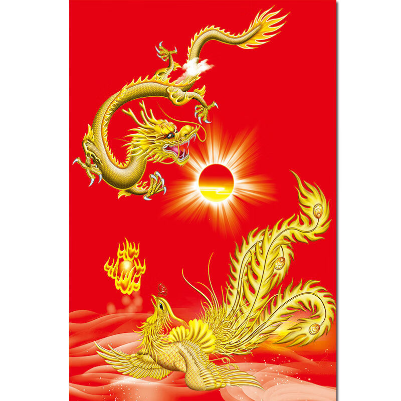 澳颜莱龙凤呈祥贴画 龙凤图挂画龙凤呈祥中国龙国画金色凤凰金龙客厅