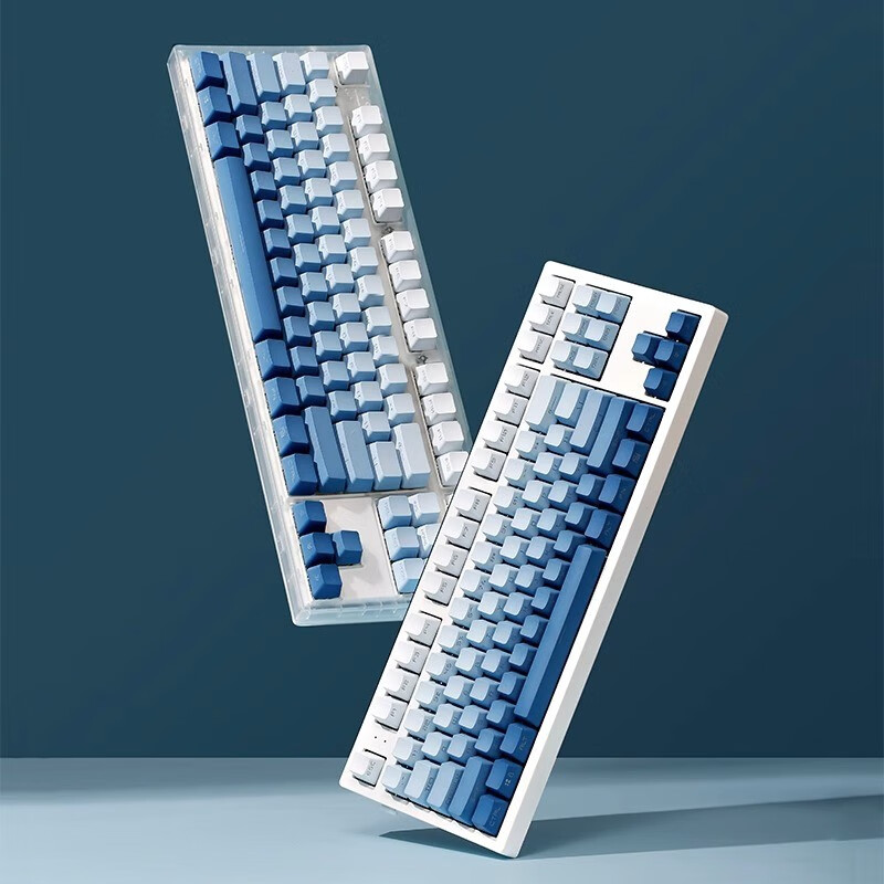腹灵mk870pro机械键盘侧刻雾蓝蓝白成品客制化键盘套件87键电竞热插拔有线无线蓝牙三模游戏办公麻将音 白色单模版+蓝白侧刻键帽 黑轴