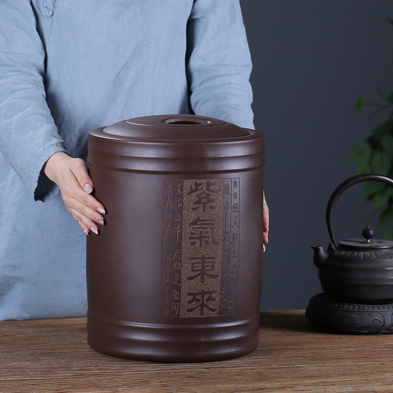 紫来顺 大号紫砂茶叶罐手工刻绘普洱茶缸密封存茶罐储存罐实用储茶罐 紫气东来 12饼