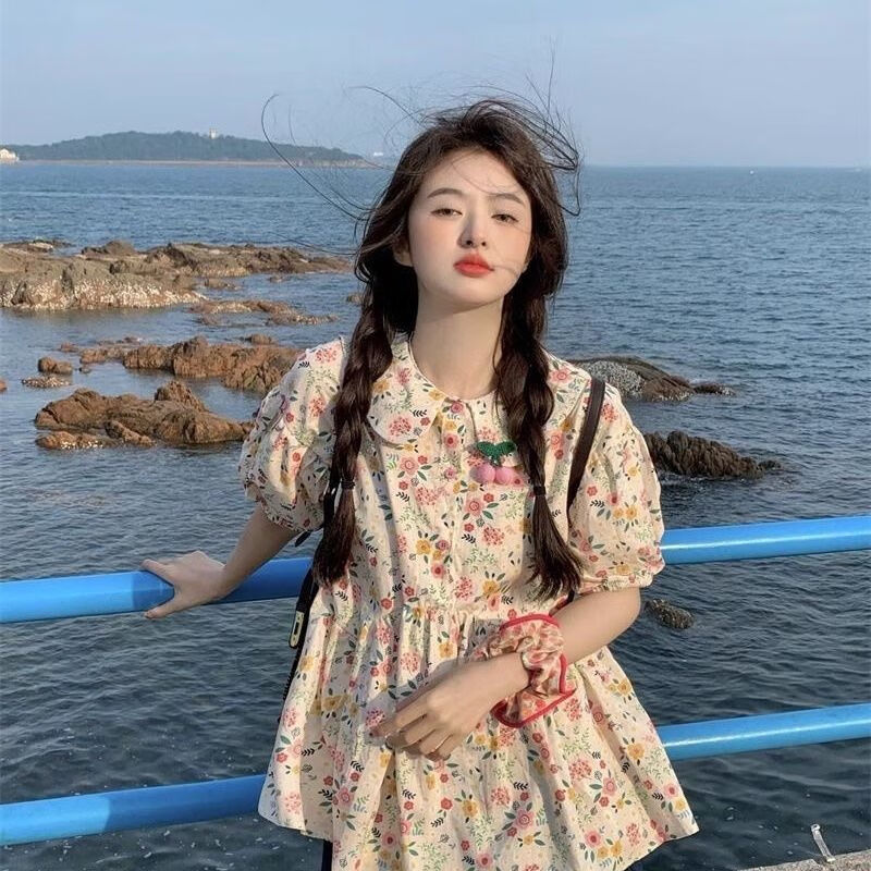 vfkz雪纺衫减龄洋气女夏季遮肚甜美宽松2024碎花甜美清新可爱泡泡短袖