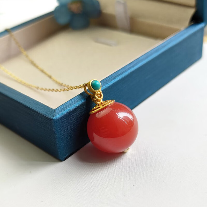 南红玛瑙圆珠玉坠吊坠镀金项链镶嵌绿松石个性时尚饰品 经典款12毫米