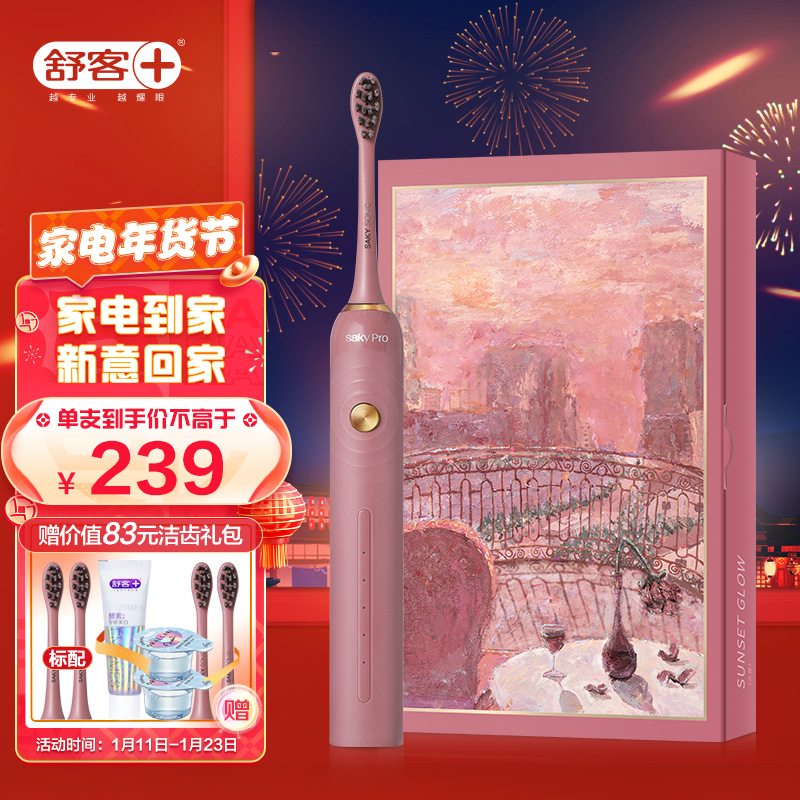 舒客（Saky）电动牙刷 成人声波充电式震动牙刷软毛防水V3(余霞红）